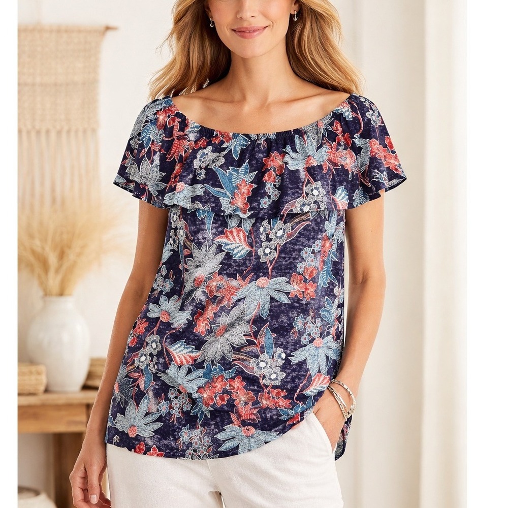 J.Jill Love Linen Blouse Womens Large Navy Blue Floral Elastic Ruffle Collar Top